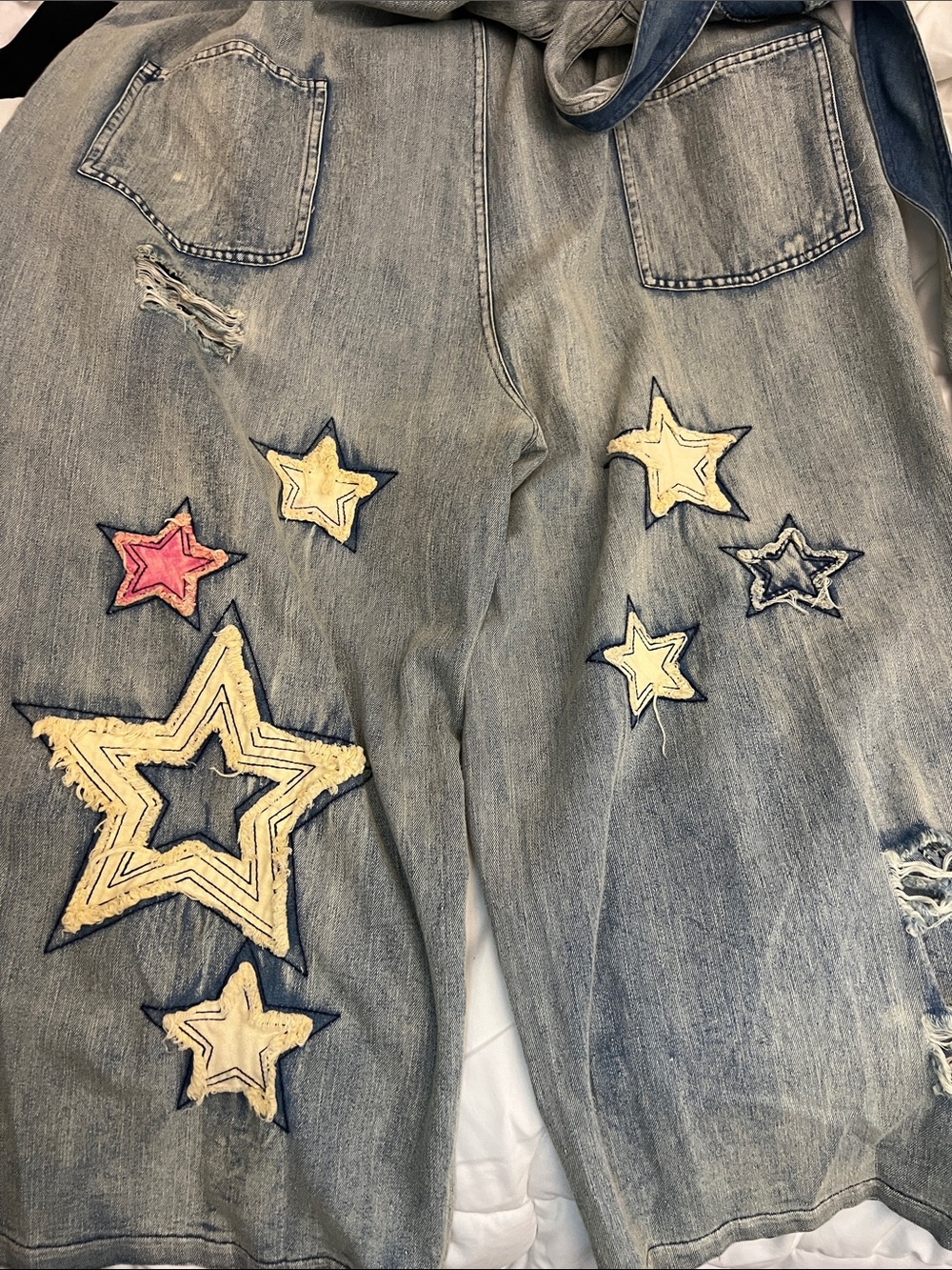 BLUE VELVET STARS and PEACE patchwork Denim Overalls wide leg oversized M L - Picture 7 of 7